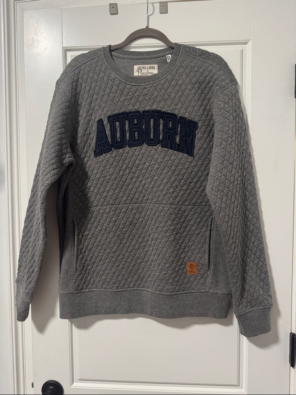 Pressbox Quilted Crewneck Sweater - Gray with Navy Lettering